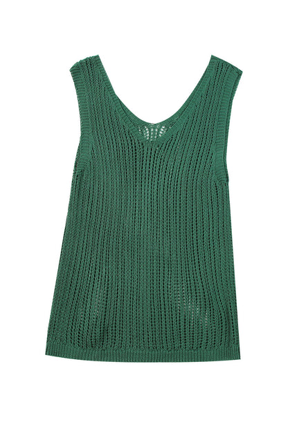 Green Hollowed Knit Sleeveless V Neck Tank Top