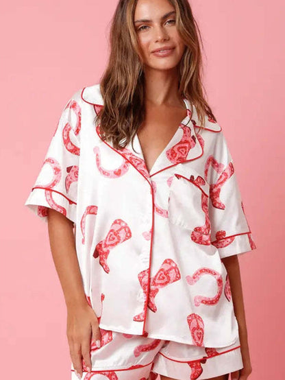 Elegant White Satin Sleepwear Set with Heart Print