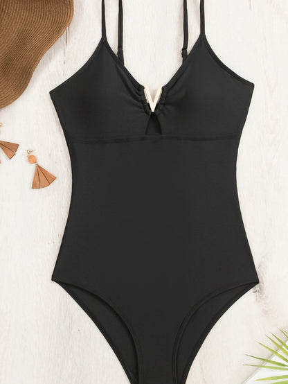 Elegant Black Metal Embellished One-Piece Swimsuit with Spaghetti Straps