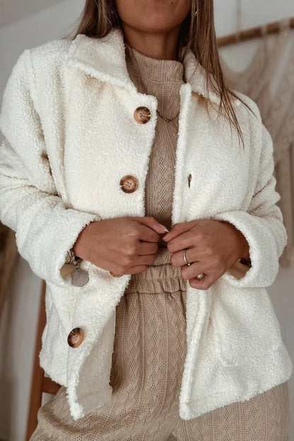 Beige Collar Button Down Cozy Sherpa Jacket