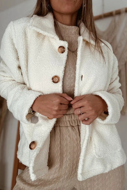 Beige Collar Button Down Cozy Sherpa Jacket