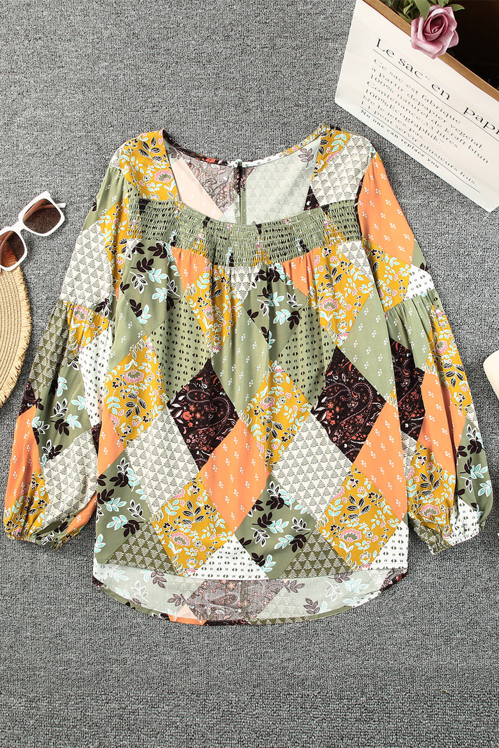Green Floral Square Neck Boho Blouse