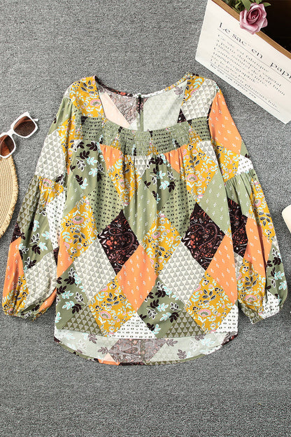 Green Floral Square Neck Boho Blouse