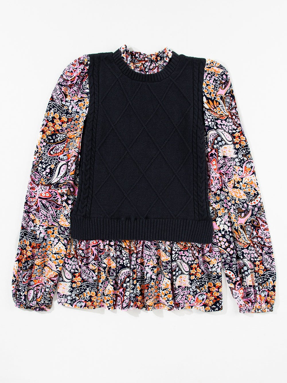 Graceful Black Floral Peplum Sweater with Ruffled Hem