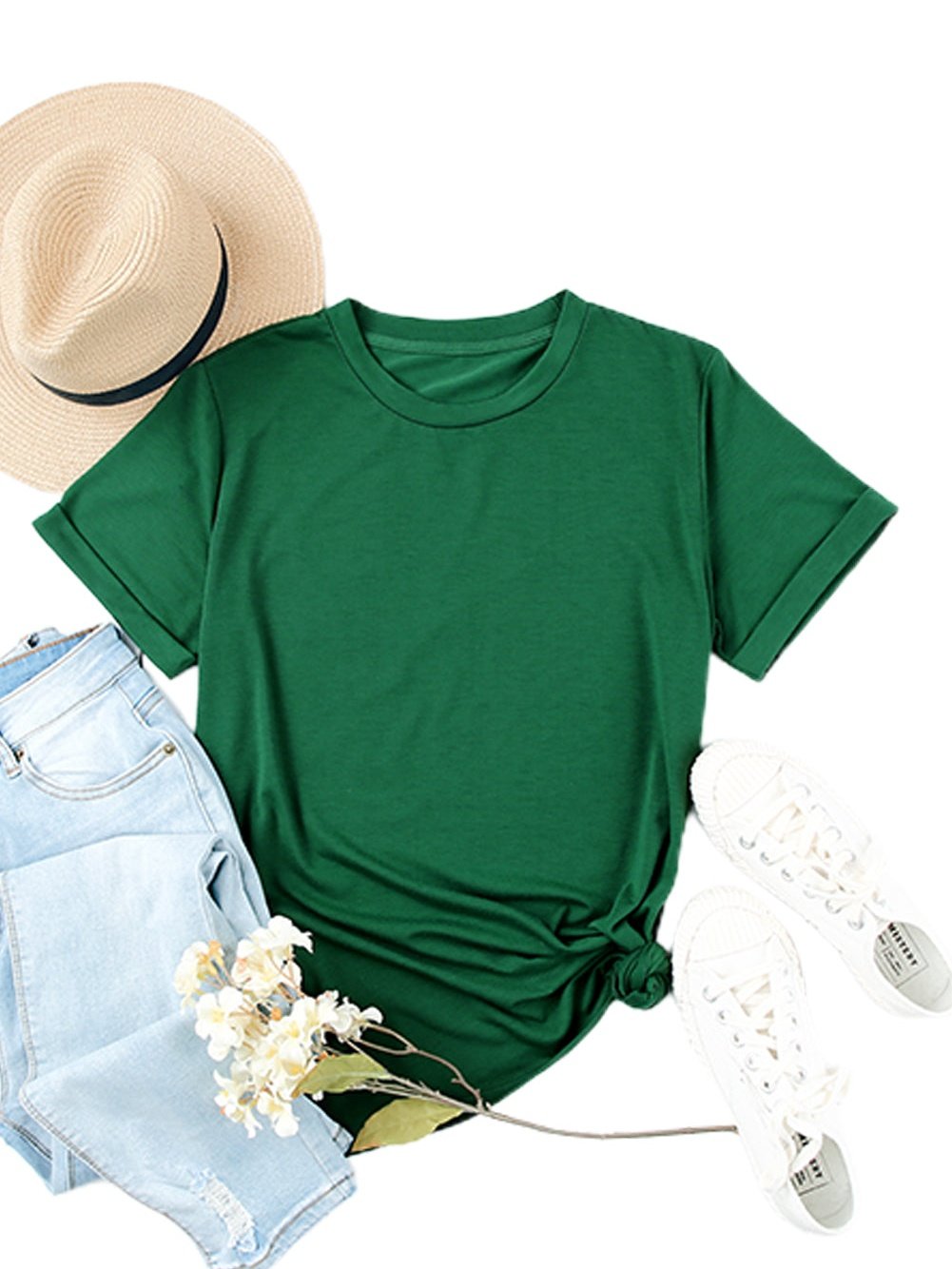 Green Casual Crew Neck T-Shirt for Women