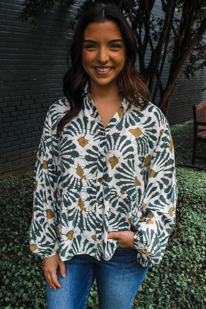 Green Abstract Floral Print Ruffle Hem Long Sleeve Shirt