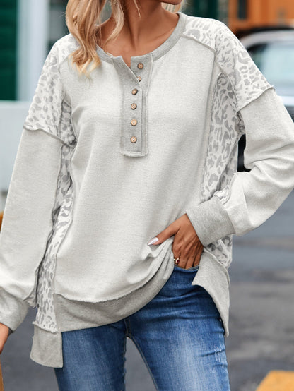 Leopard Patchwork Gray Buttoned Neck Pullover Sweatshirt
