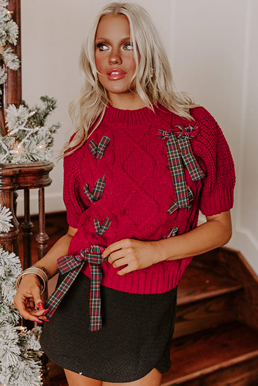 Fiery Red Plaid Lace up Detail Christmas Holiday Puff Short Sleeve Sweater