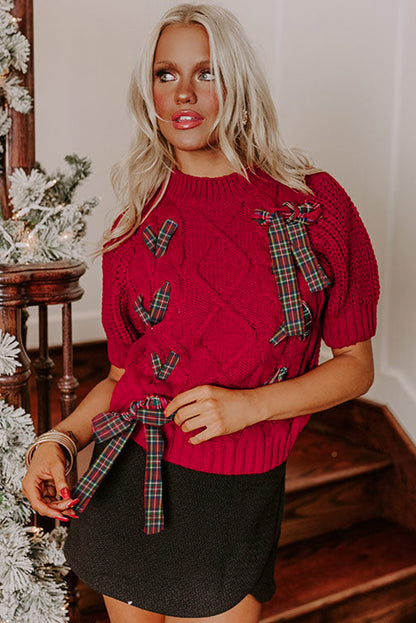 Fiery Red Plaid Lace up Detail Christmas Holiday Puff Short Sleeve Sweater