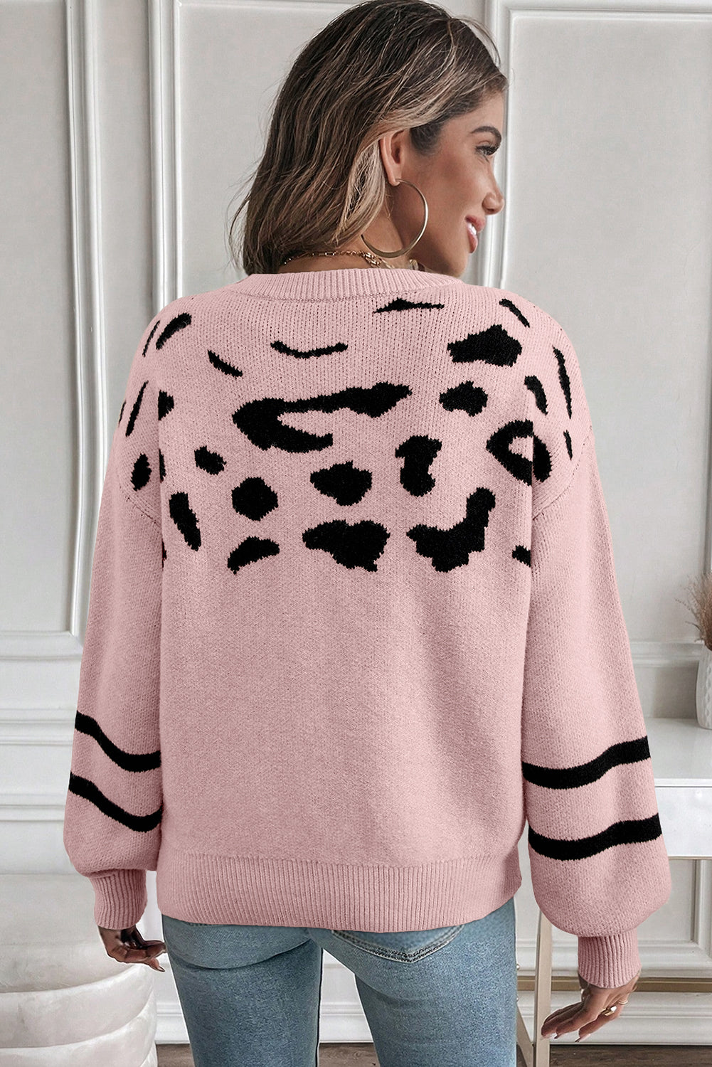 Pink Leopard Striped Detail Drop Shoulder Sweater