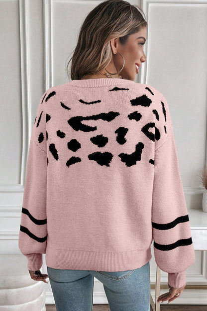 Pink Leopard Striped Detail Drop Shoulder Sweater