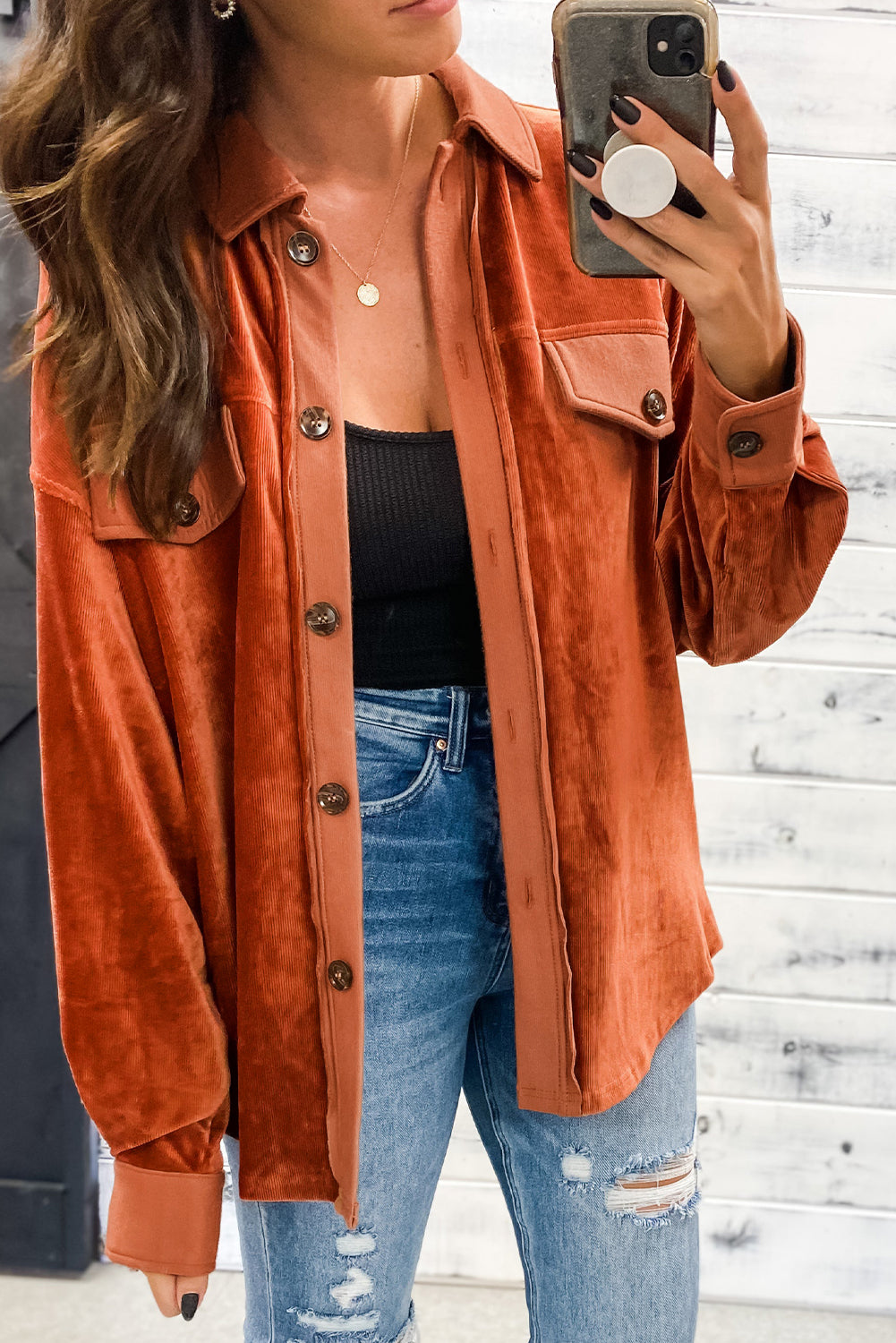 Gold Flame Velvet Flap Pockets Drop Shoulder Casual Shacket