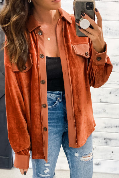 Gold Flame Velvet Flap Pockets Drop Shoulder Casual Shacket