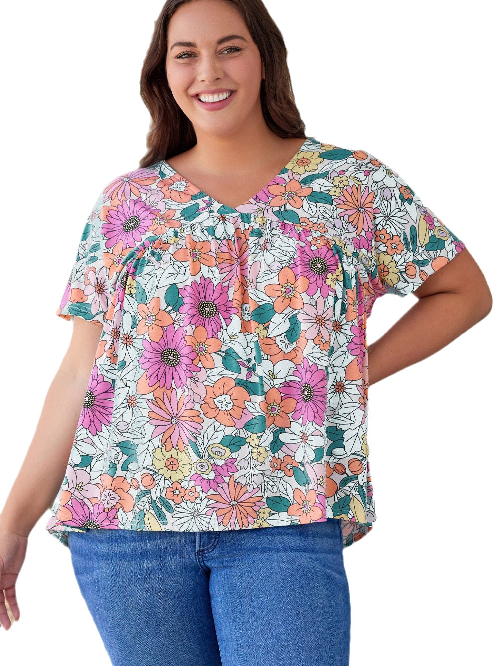 Summer Blossom V Neck Plus Size Blouse for Women