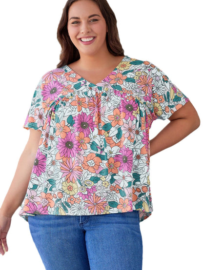 Summer Blossom V Neck Plus Size Blouse for Women
