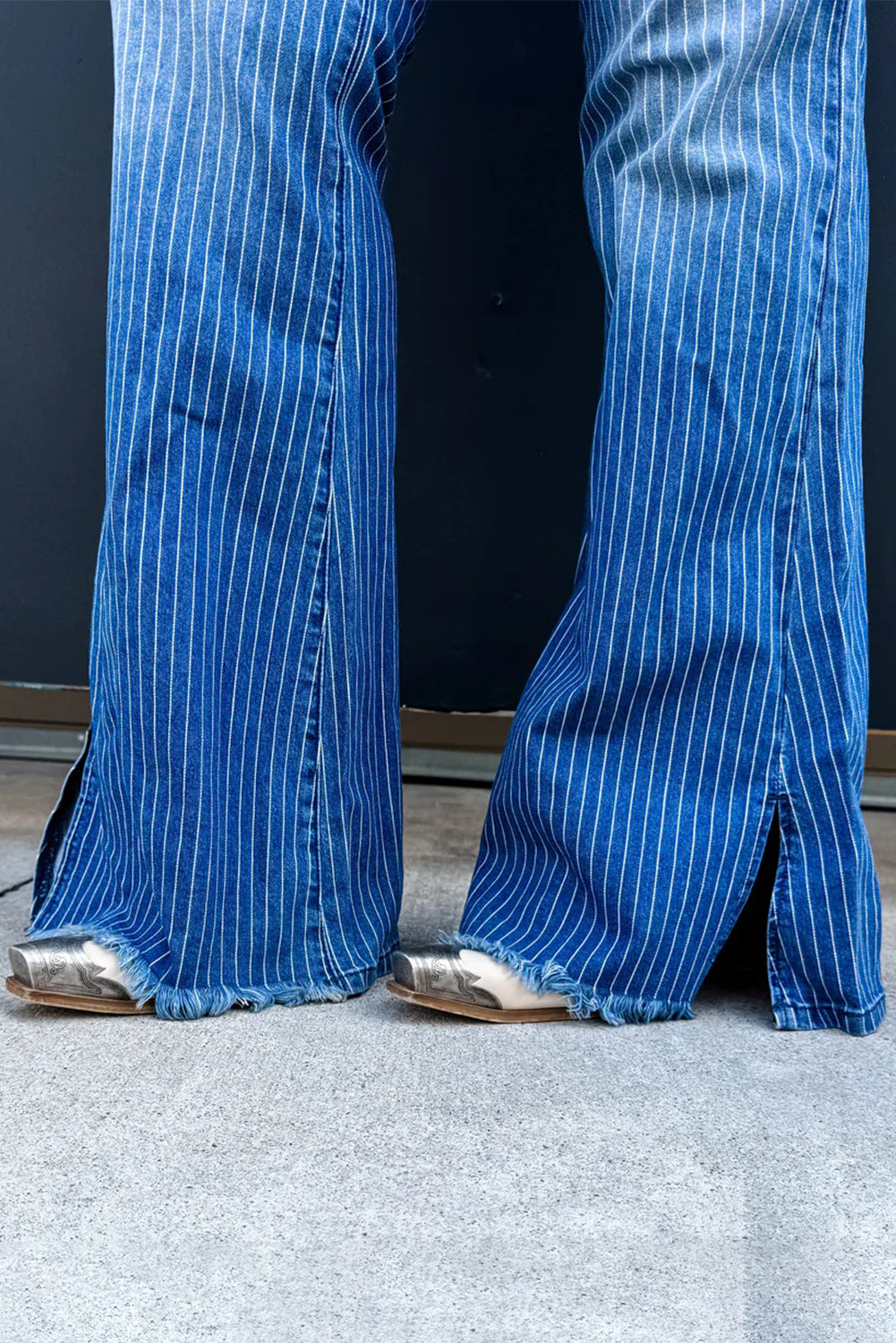 Sky Blue Stripe Raw Hem Split Leg Flared Jeans