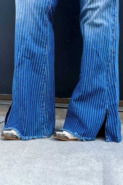 Sky Blue Stripe Raw Hem Split Leg Flared Jeans