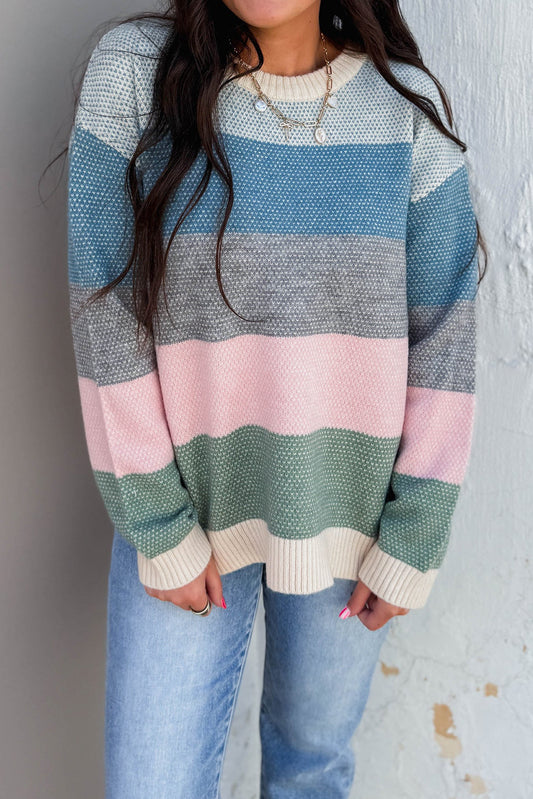 Light Blue Striped Color Block Round Neck Loose Sweater