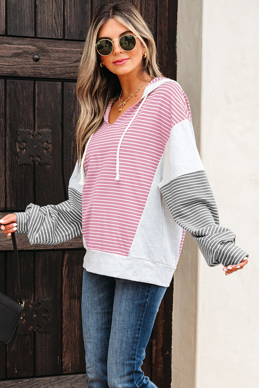 Pink Stripe Color Block Drawstring V Neck Loose Fit Hooded Top