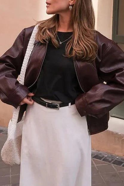 Wild Ginger Elastic Hem Zip Up Faux Leather Jacket