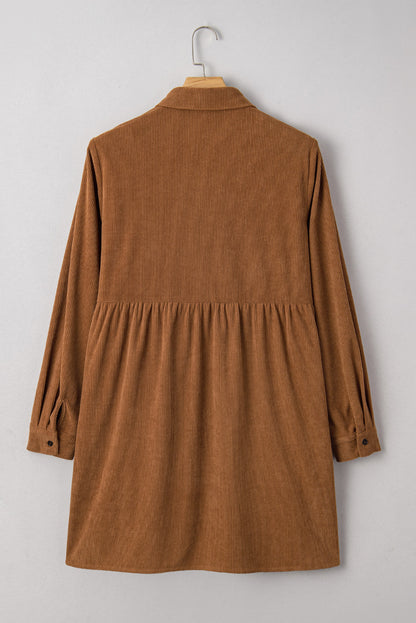 Camel Corduroy Full Buttoned Collared Shirt Style Plus Size Dress