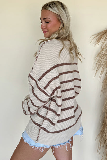 Khaki Stripe Exposed Seam Drop Shoulder Patchwork Loose Henley Sweater