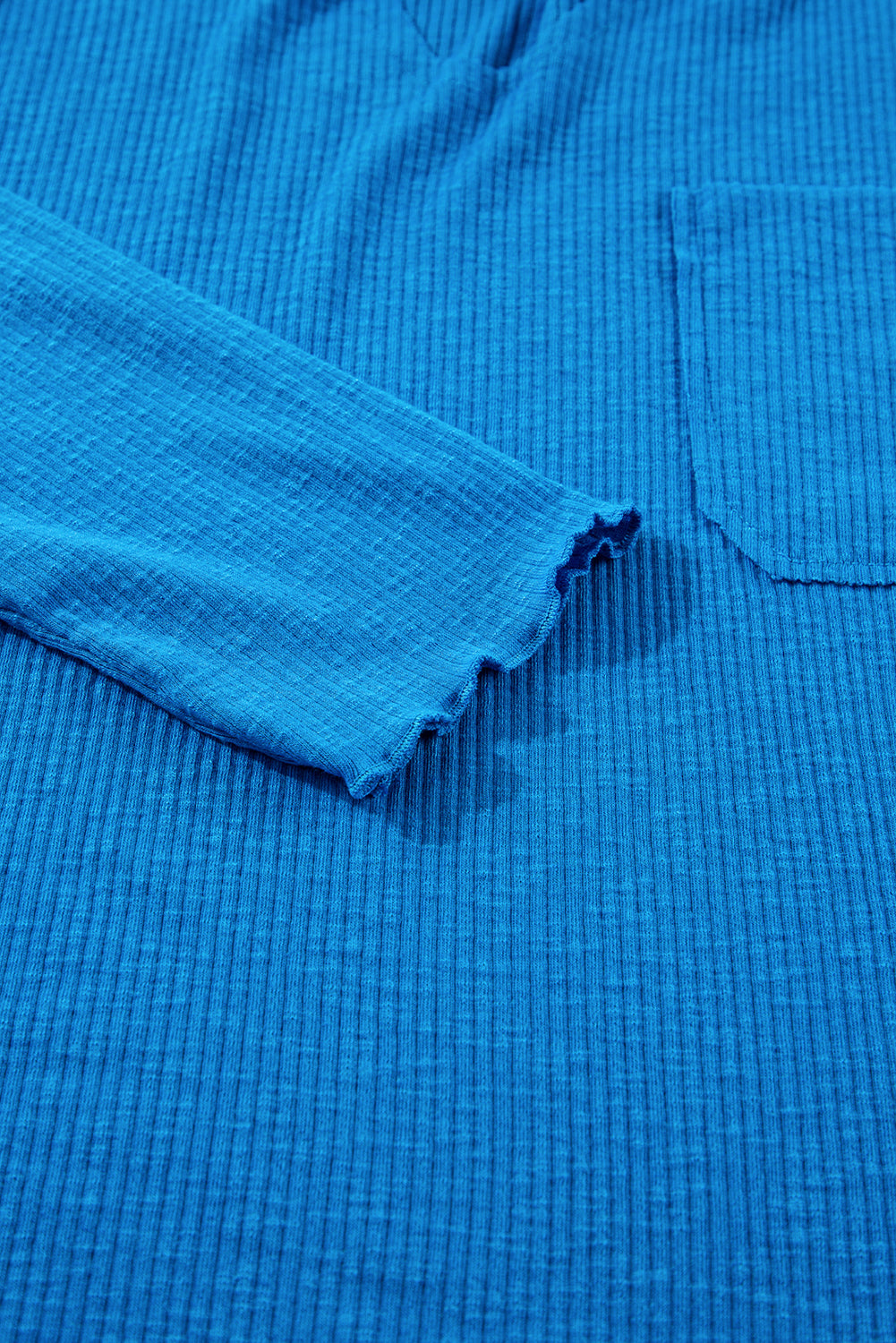 Blue Ribbed Exposed Seam Knit V Neck Long Sleeve Top