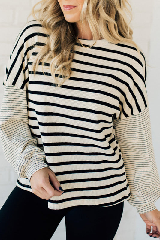 Black Stripe Mixed Pattern Thermal Knit Casual Sweatshirt