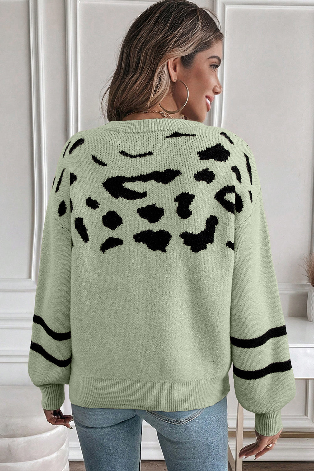 Green Leopard Striped Detail Drop Shoulder Sweater