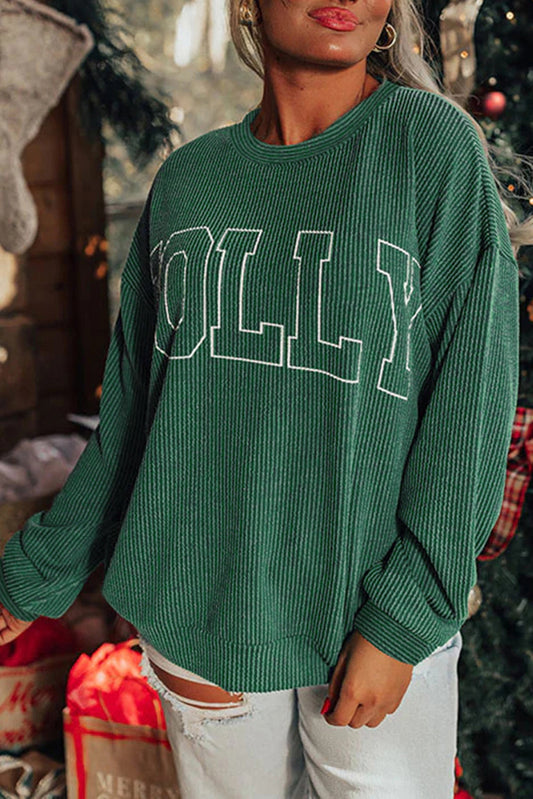 Blackish Green Twisted Rib Outlined Merry Letter Graphic Loose Long Sleeve Top