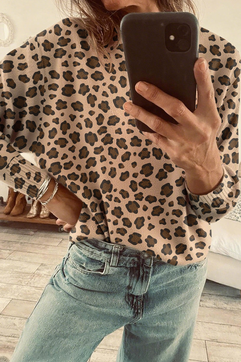 Khaki Leopard Print Dolman Sleeve Sweater
