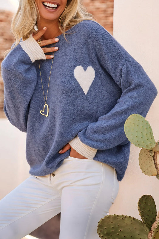 Ashleigh Blue Heart Chest Contrast Cuffs Baggy Sweater