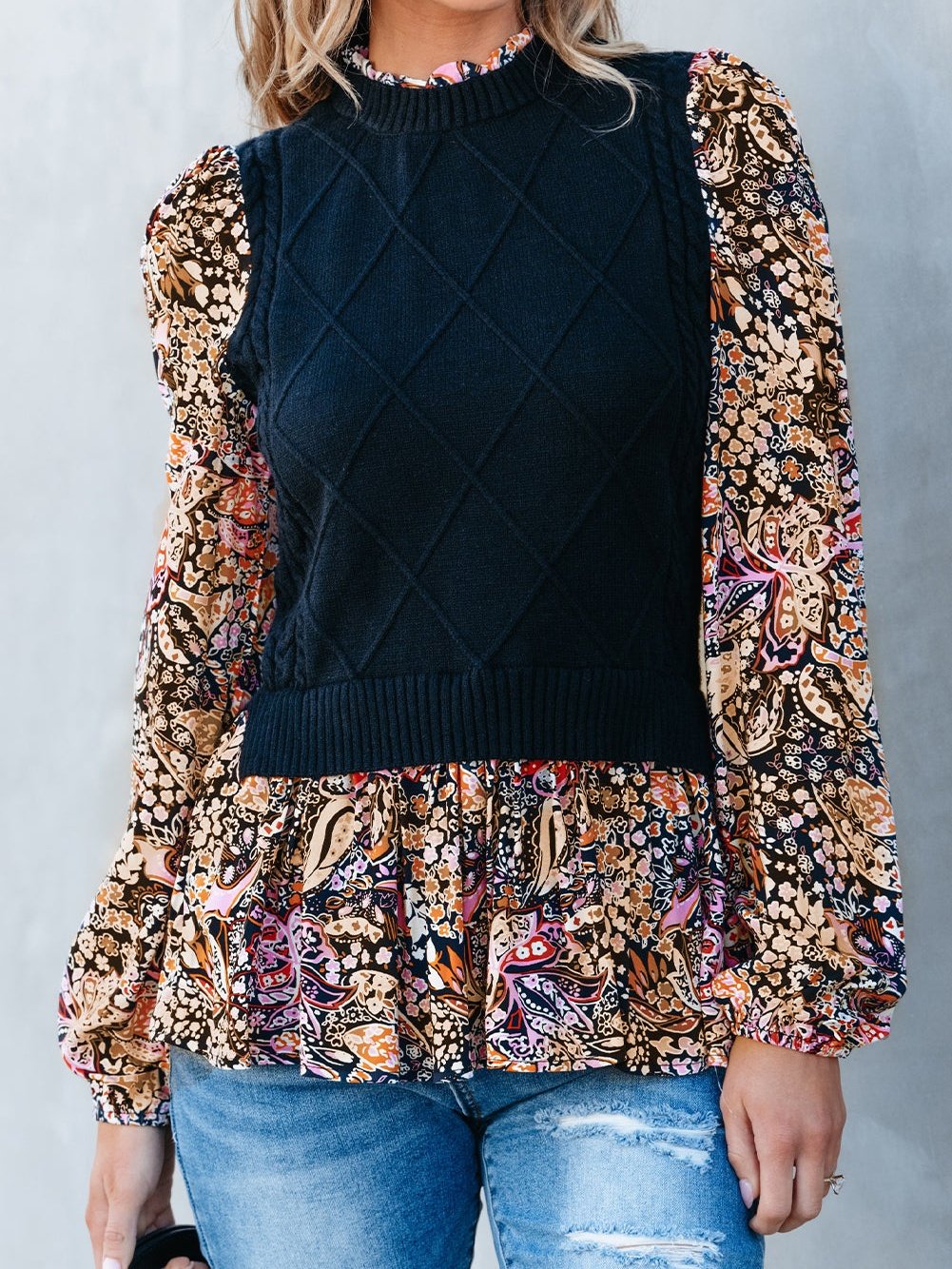 Graceful Black Floral Peplum Sweater with Ruffled Hem