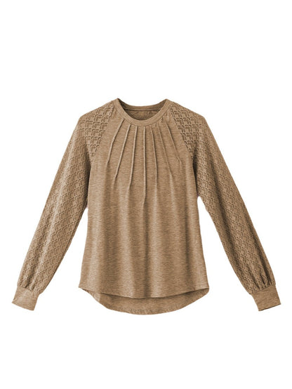 Elegant Light Beige Lace Detail Round Neck Top with Plicate Sleeves