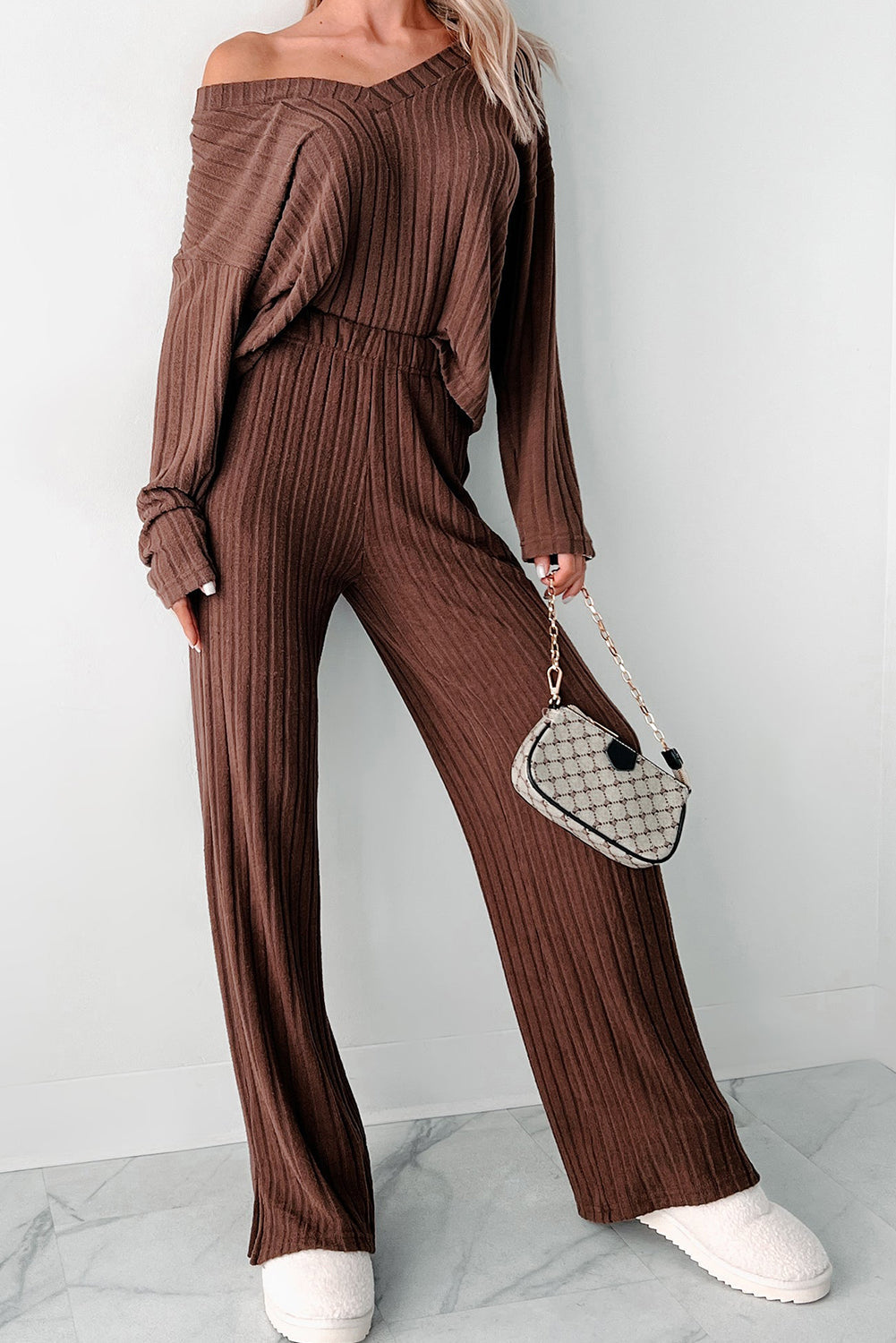 Coffee Wide Rib Knit Drop Shoulder V Neck Pullover Loose Pants Set