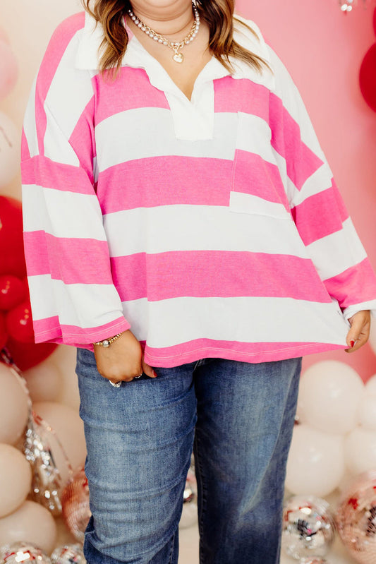 Pink Stripe Plus Size Solid Collar Patchwork Drop Shoulder Loose Top