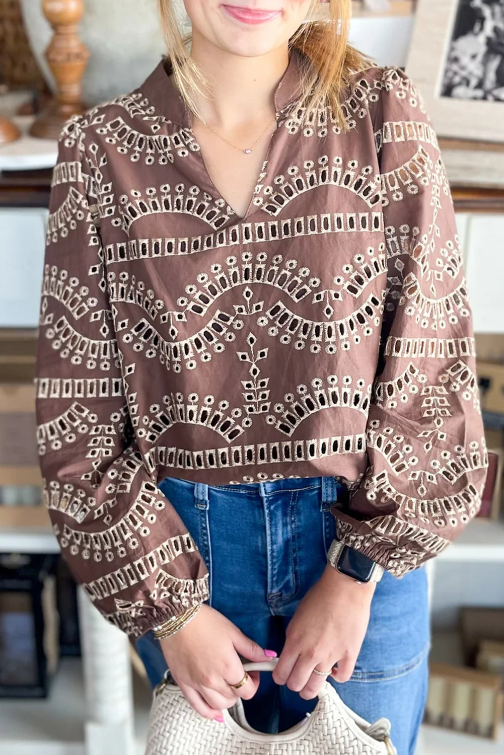 Coffee Embroidered Pattern Notched Neck Long Sleeve Blouse