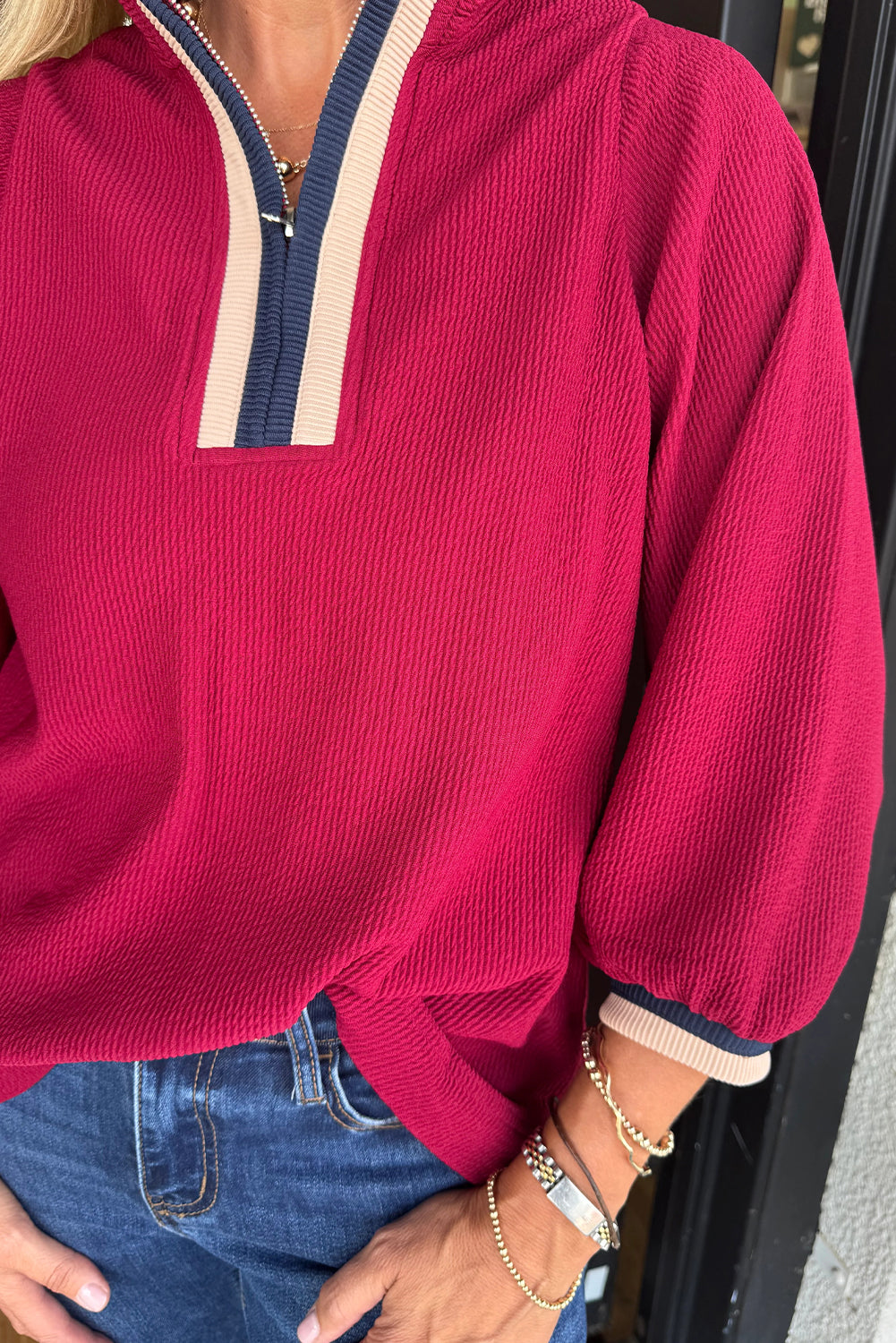 Red Dahlia Zip Striped Neckline Patchwork Bracelet Sleeve Top