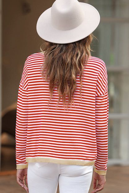 Fiery Red Striped Contrast Trimmed Drop Shoulder Sweater