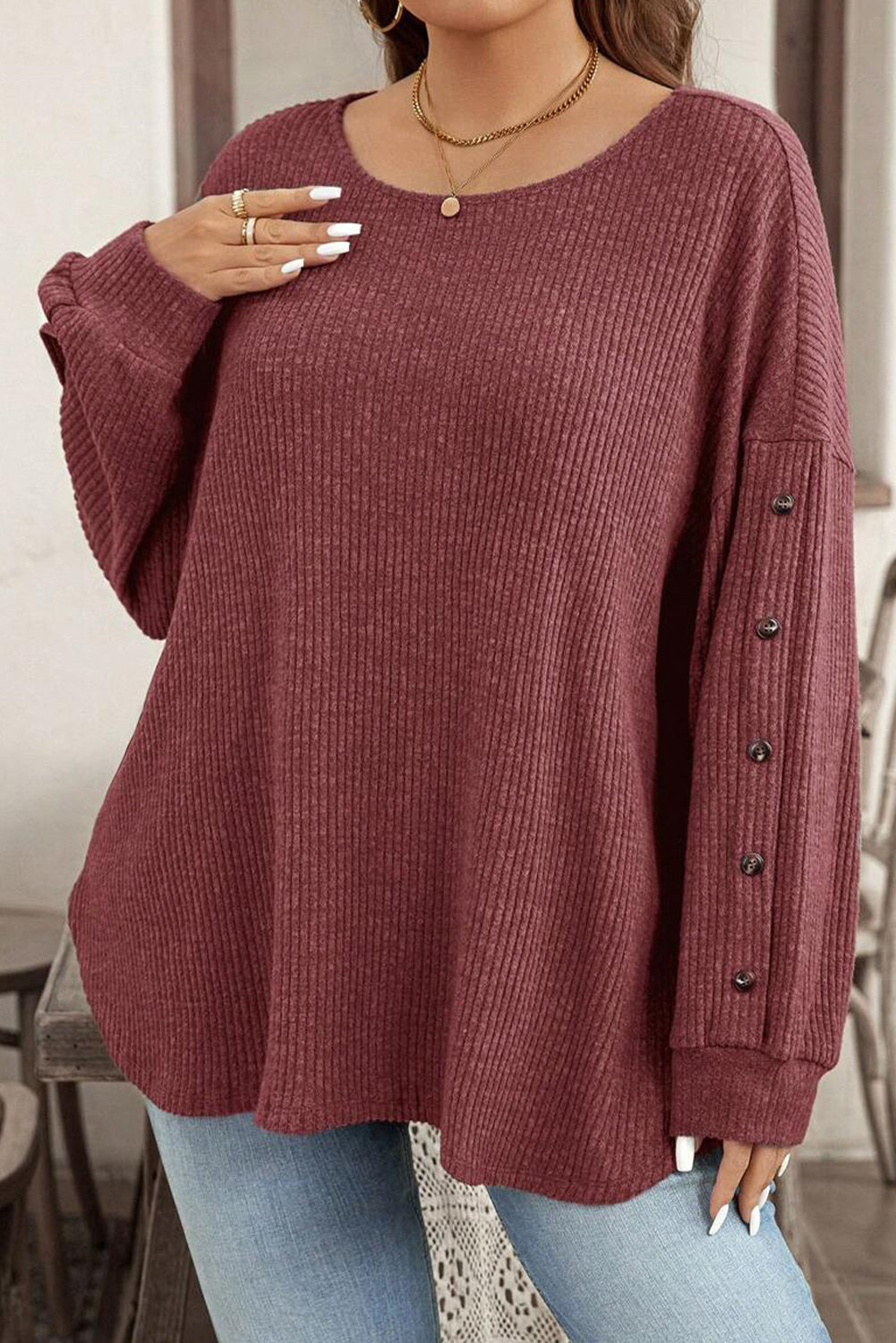 Wild Ginger Plus Size Ribbed Button Decor Long Sleeve Loose Top
