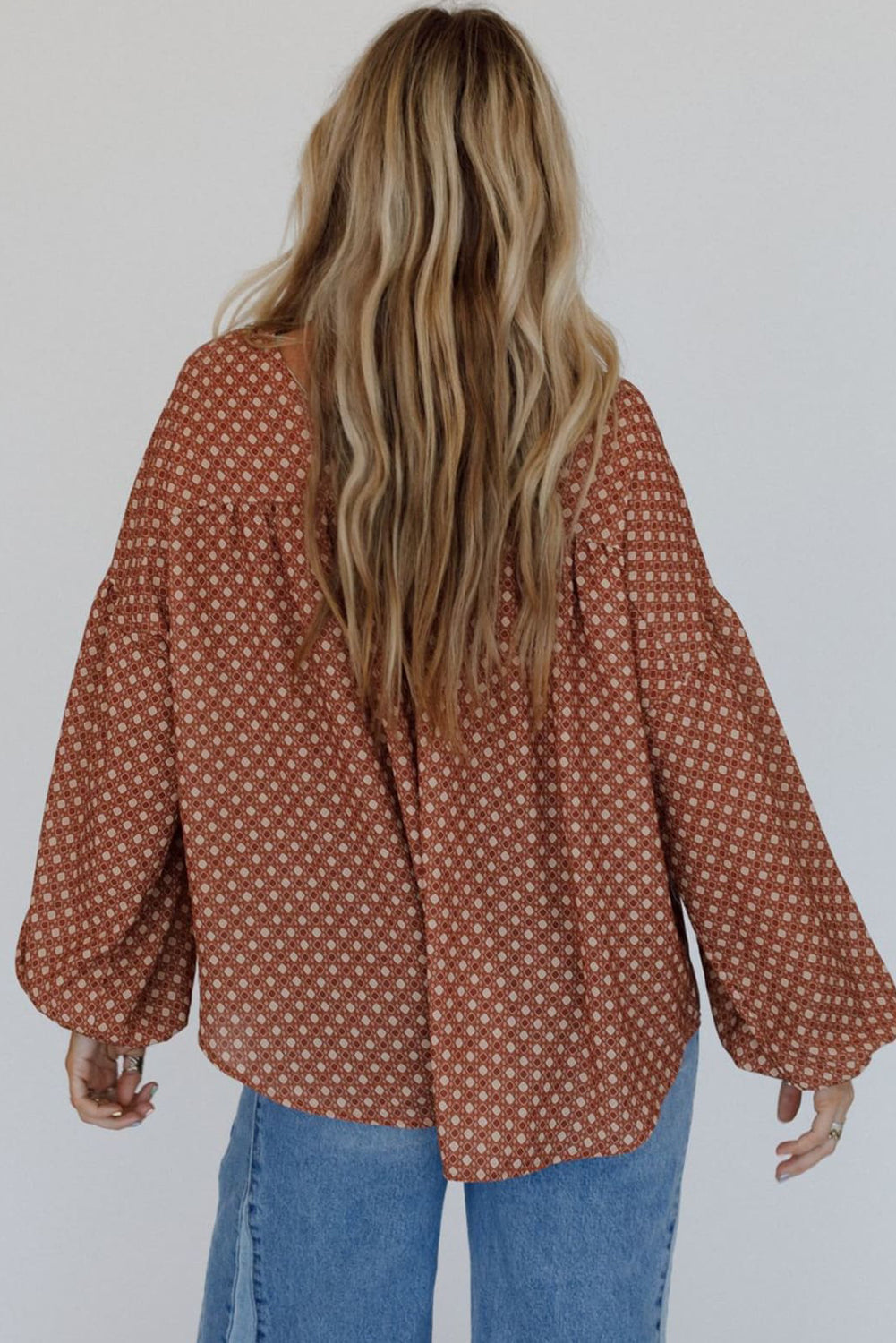 Brown Geometric Printed V Neck Drop Shoulder Puff Sleeve Blouse