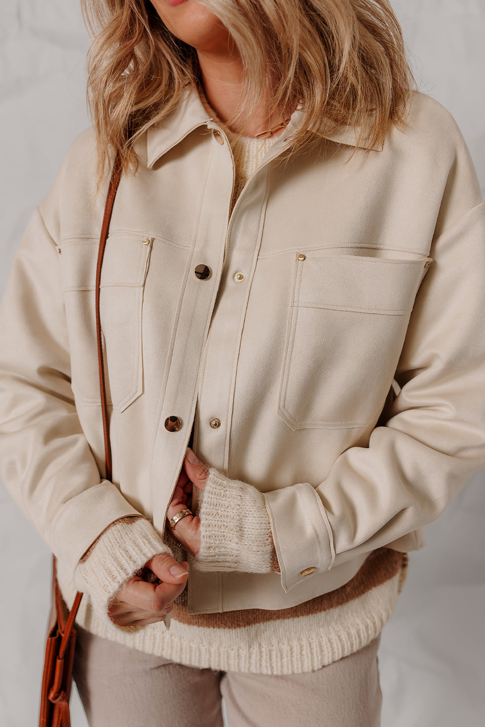 White Double Patch Pocket Snap Button Faux Suede Jacket