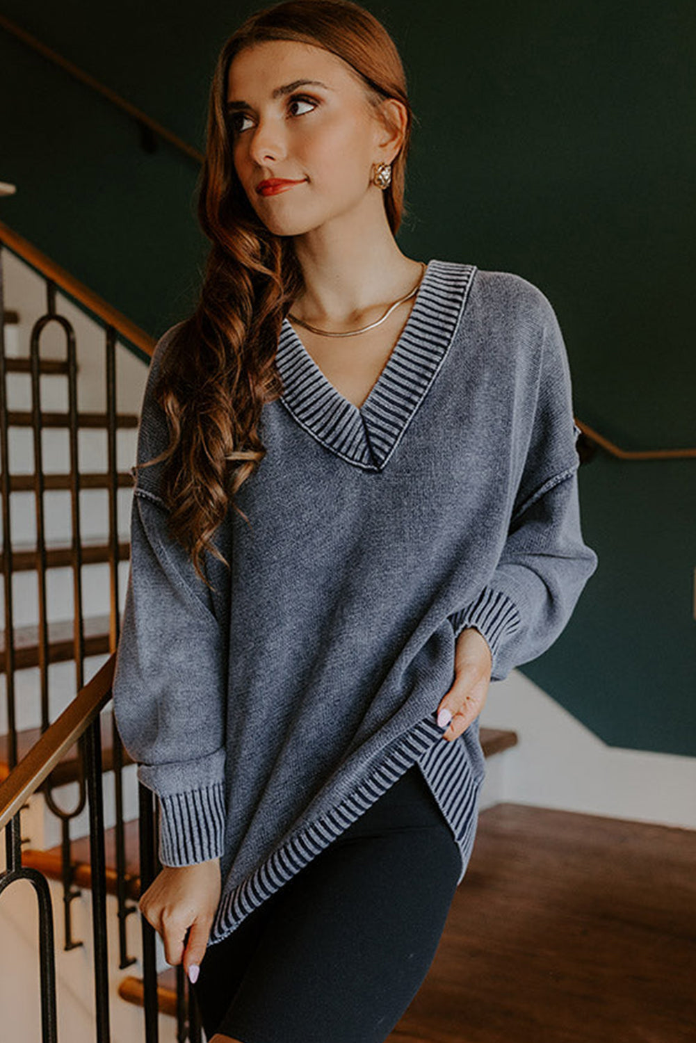 Navy Blue Mineral Wash V Neck Knit Exposed Seam Drop Shoulder Loose Sweater