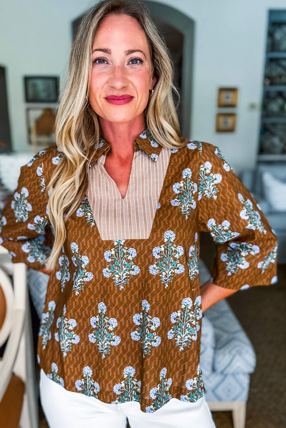 Brown Floral Print 3/4 Sleeve Contrast V Neck Patchwork Blouse