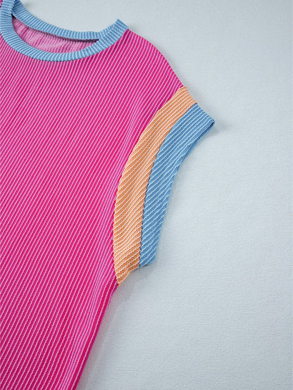 Vibrant Pink Patchwork Knit Lounge Set for Plus Size Women