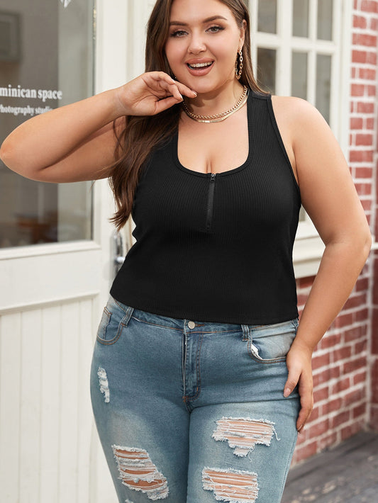 Black Zipper Front Racerback Tank Top for Plus Size Women