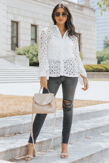 Elegant White Crochet Lace Button-Up Shirt with Turn-down Collar