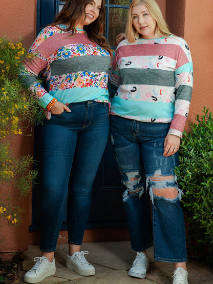 Stripe Colorblock Sky Blue Plus Size Pullover Top