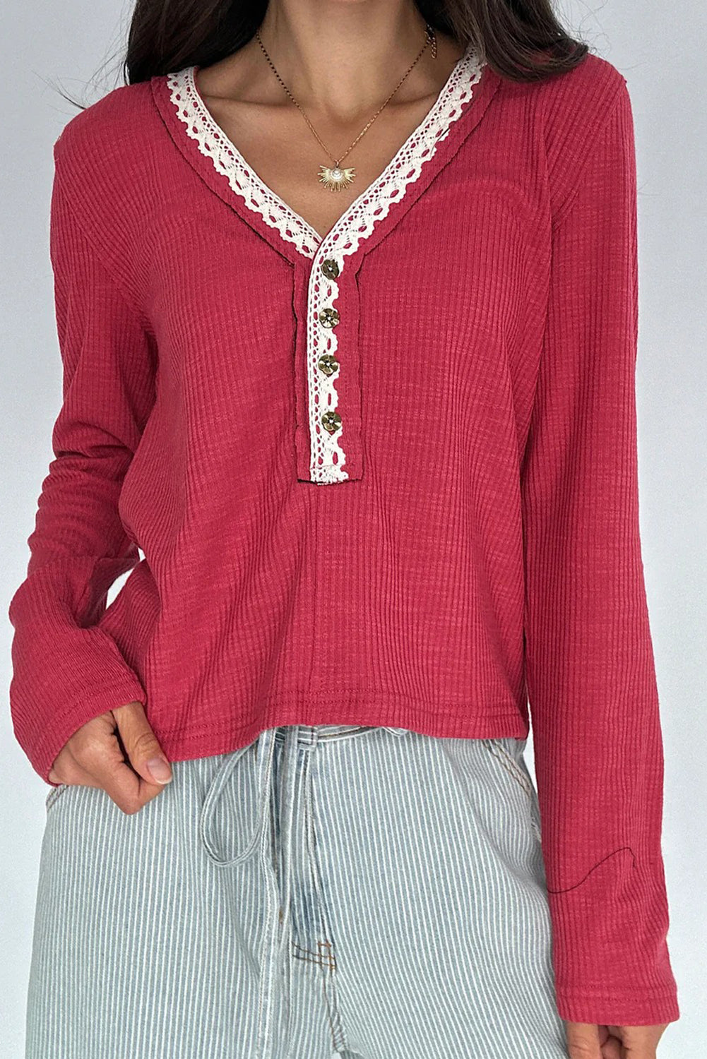 Pitaya Pink Ribbed Knit Long Sleeve Lace Trim V Neck Buttoned Pullover Top