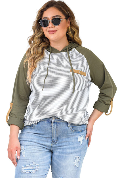 Green Striped Plus Size Hoodie with Raglan Sleeves and Buttoned Pocket